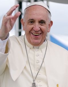 His Holiness Pope Francis showing off the exact opposite of a 'funeral face,' courtesy Wikipedia.