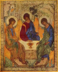 The famous 15th cent. Rublev icon of the Most Blessed Trinity.  Courtesy Wikimedia Commons.